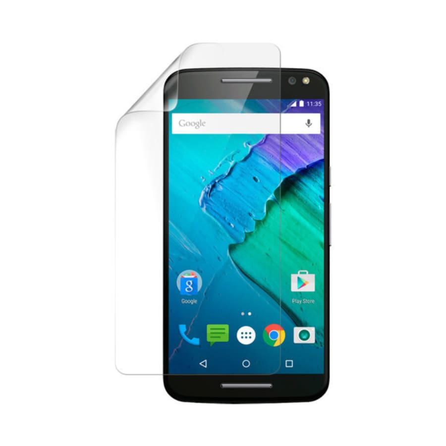 Hydrogel screen protector for Moto X Style 2015 by 9eight5, showcasing the clear, flexible film covering the phone screen.