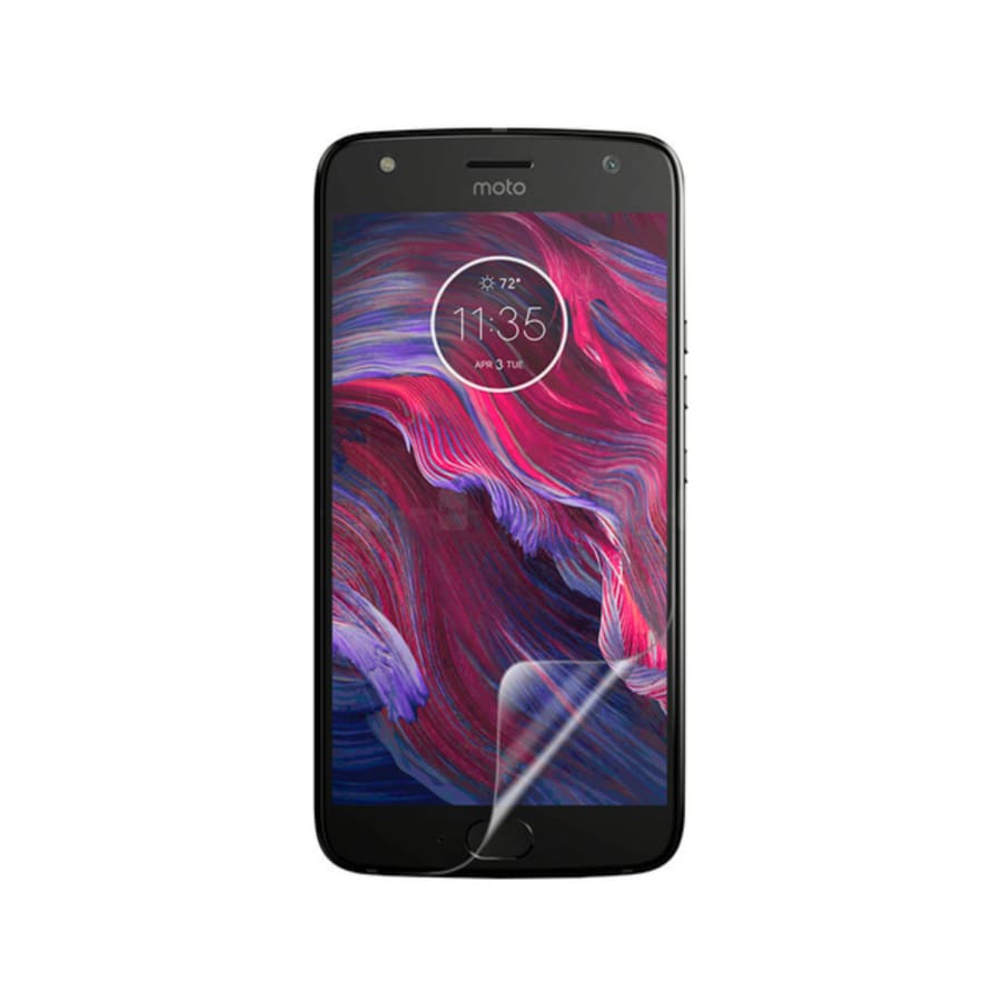 Hydrogel screen protector for Moto X4 (2017) by 9eight5, showing the clear, flexible film covering the phone screen.