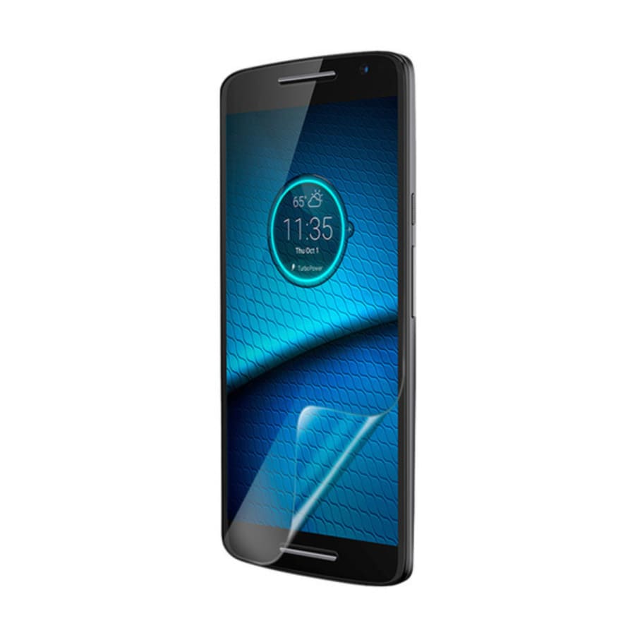 Hydrogel screen protector for Motorola Droid Maxx 2 by 9eight5, showing a clear, flexible layer fitting over the phone screen.