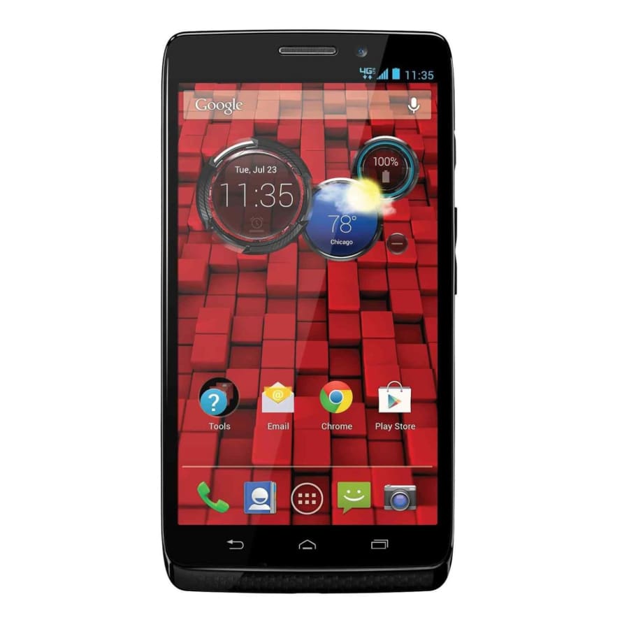 Two 9eight5 hydrogel screen protectors for Motorola Droid Maxx shown on the device, offering protection and clarity.