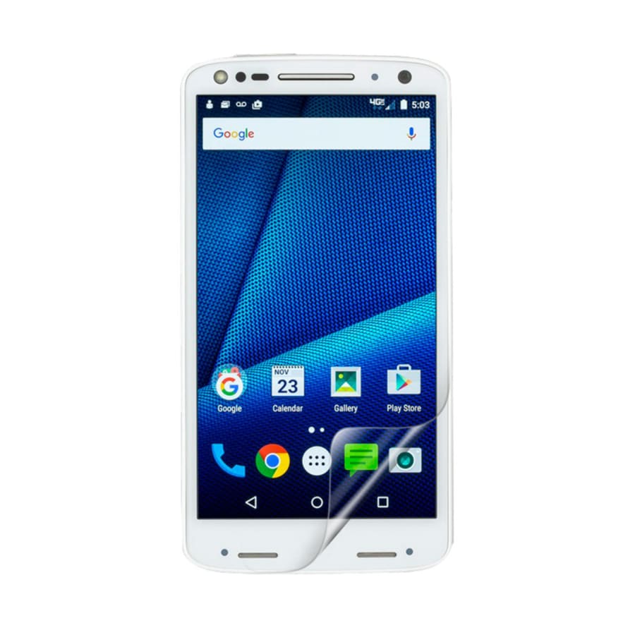 Hydrogel screen protector for Motorola Droid Turbo 2 by 9eight5, showing a close-up of the protector fitted on the phone screen.