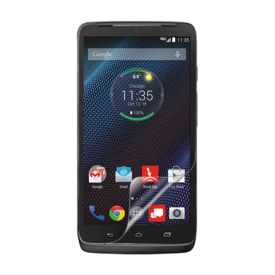 Two 9eight5 hydrogel screen protectors for Motorola Droid Turbo, showing clear, flexible film covering the phone screen.