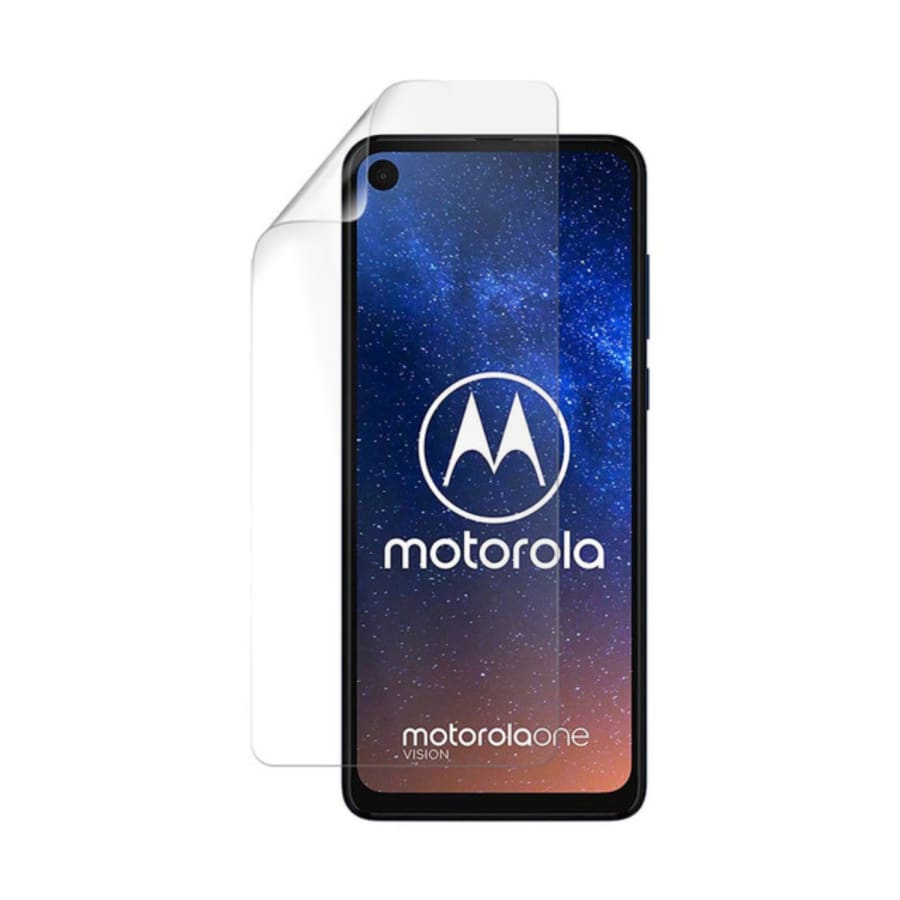 Two 9eight5 hydrogel screen protectors for Motorola One Vision shown in the image. Easy-to-apply protective film for smartphone screen.