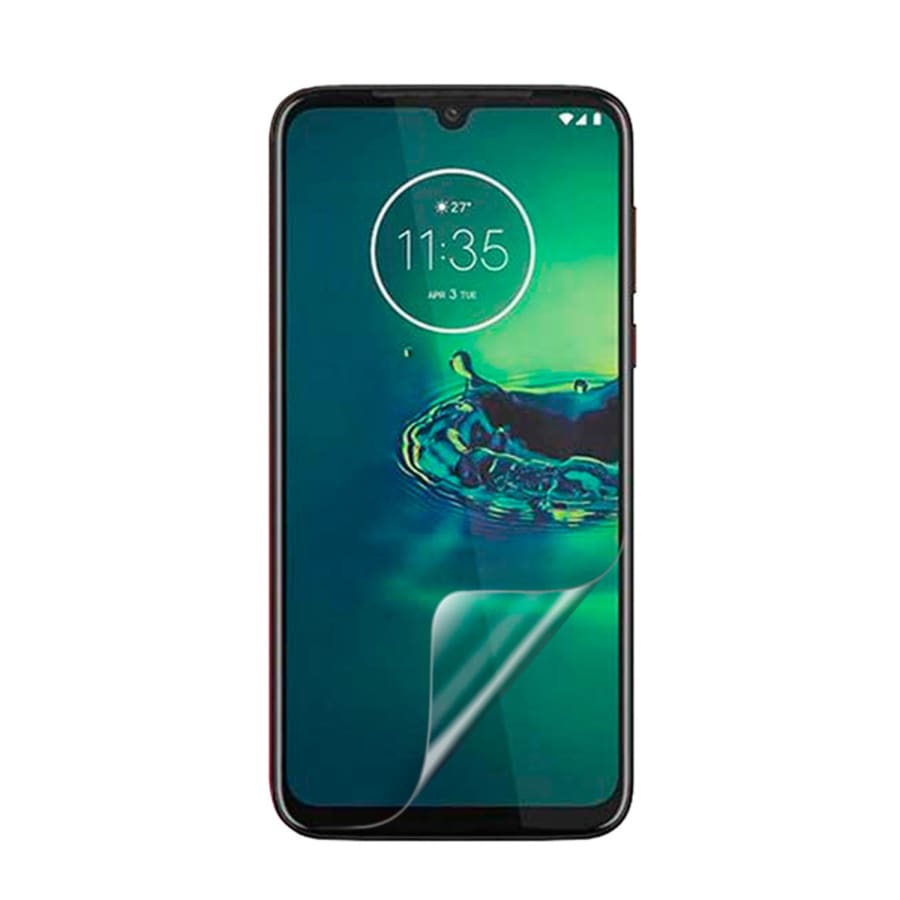 Two 9eight5 hydrogel screen protectors for Motorola One Vision Plus, showing clear, flexible film covering the phone screen.