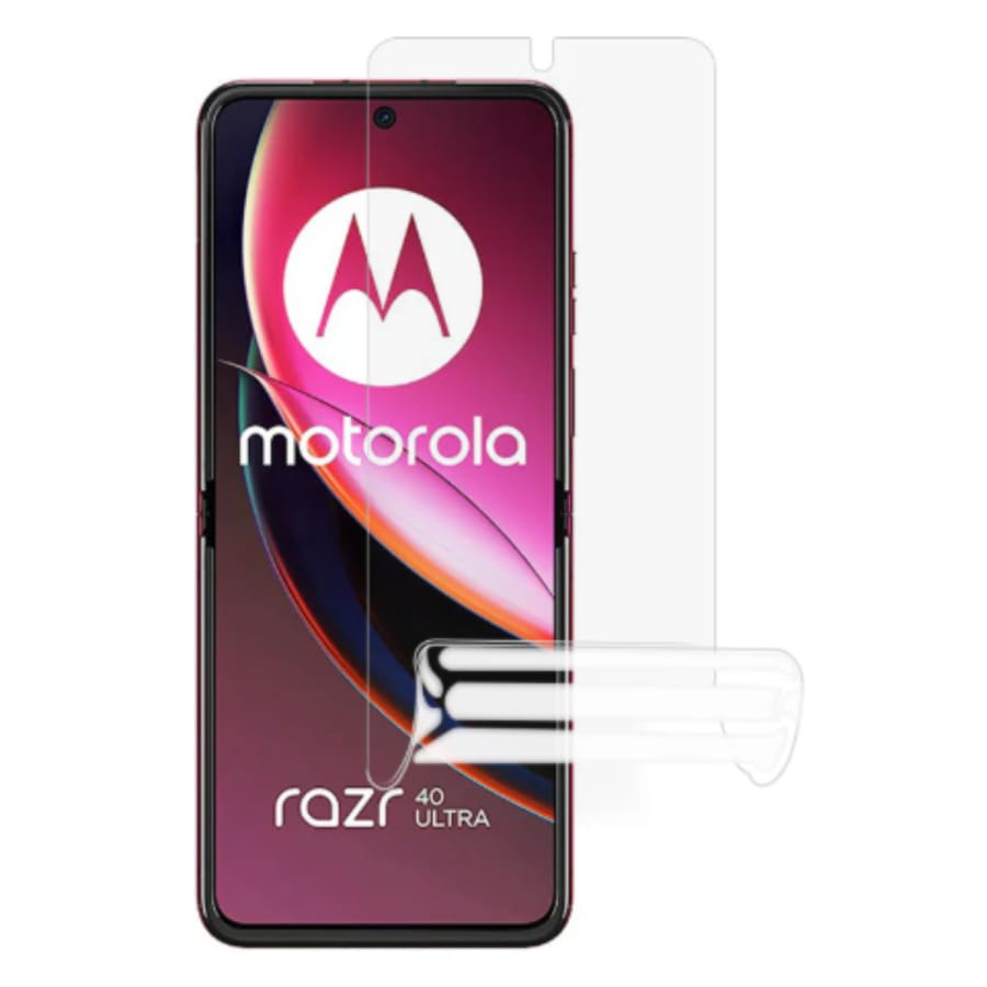 Pack of 2 Hydrogel Screen Protectors for Motorola Razr 40 Ultra and Razr+ 2023 by 9eight5, showing clear, flexible protectors on the phone screen.