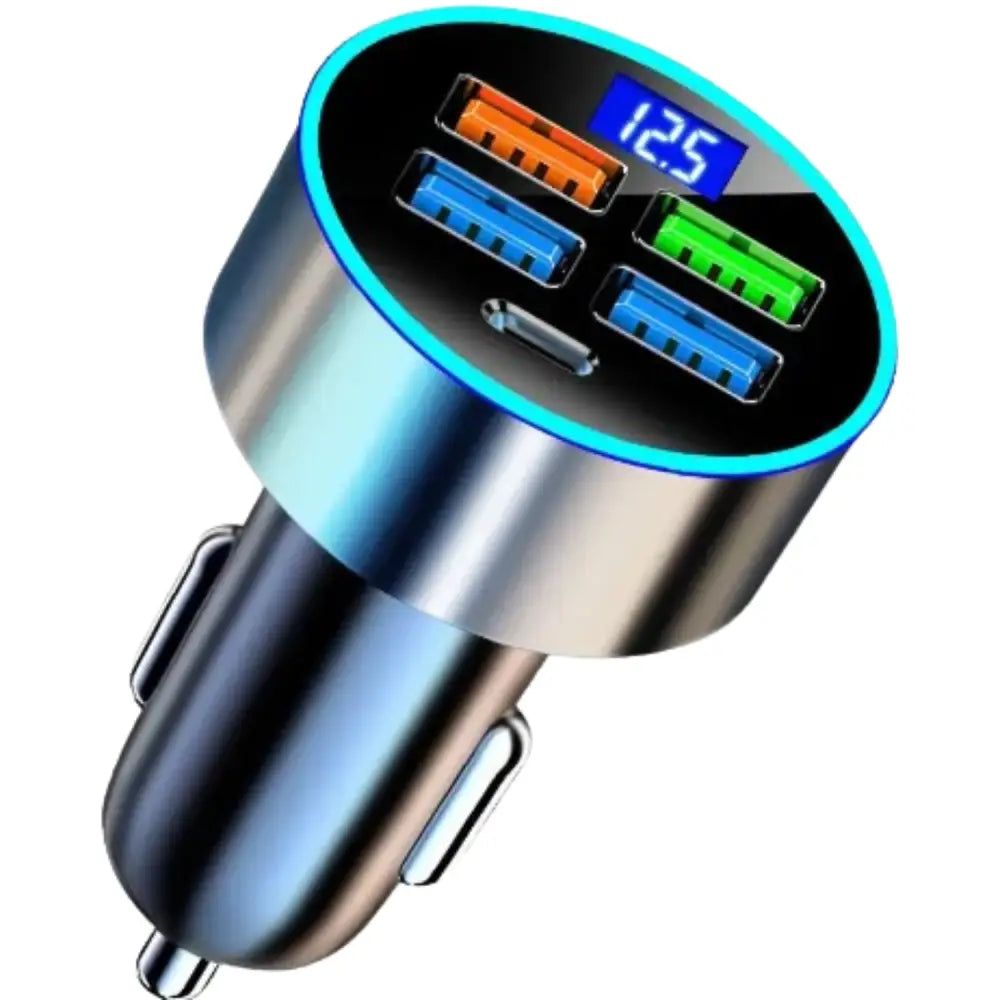 Black 9eight5 Habicare car adapter with multiple ports and voltage protection for safe in-vehicle charging.