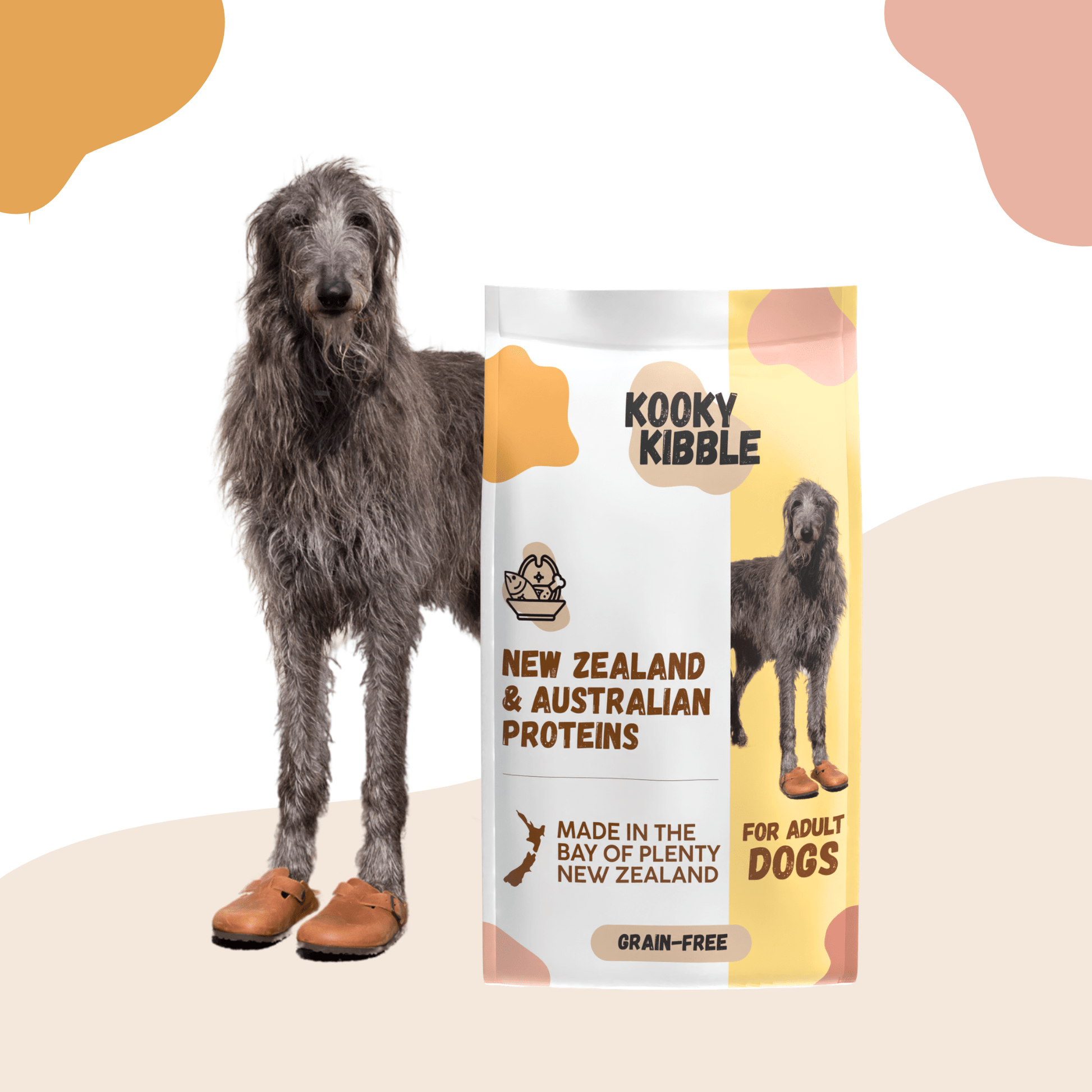 Kooky Kibble NZ grain-free adult dog food in 12 or 24 kg bag, featuring natural ingredients for healthy canine nutrition.