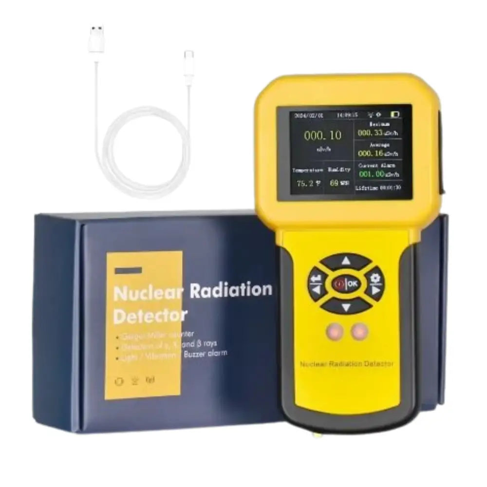 Habicare HBC nuclear radiation detector Geiger counter showing digital display and sensor for detecting radiation levels