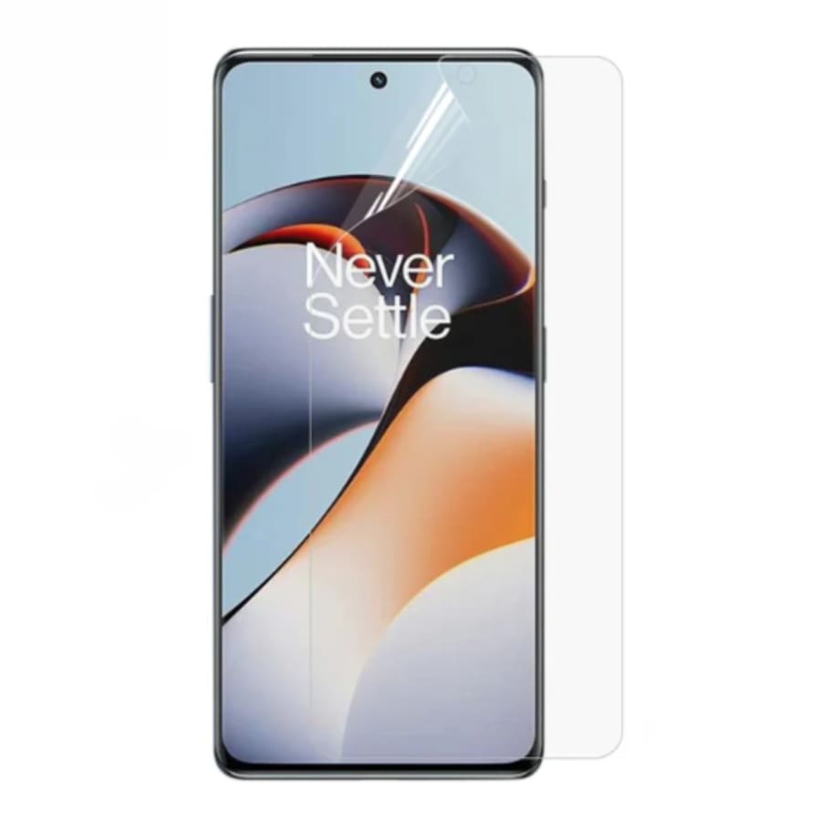 Hydrogel screen protector for OnePlus 11R by 9eight5, showing a close-up of the flexible, transparent screen cover on the phone.