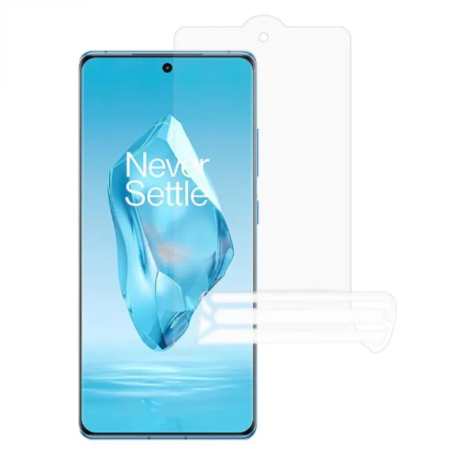 Hydrogel screen protector for OnePlus 12R by 9eight5, showing a clear, flexible film fitted on a smartphone screen.