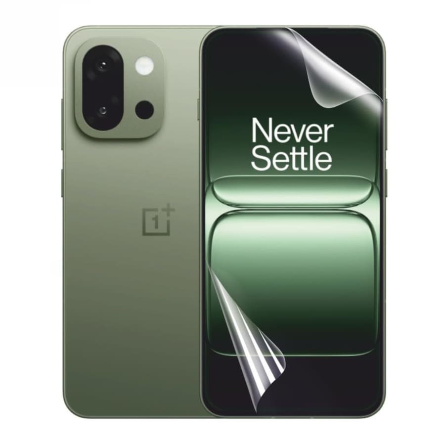 Hydrogel screen protector for OnePlus 13S by 9eight5, showing a clear, flexible film adhering to the phone screen for protection.
