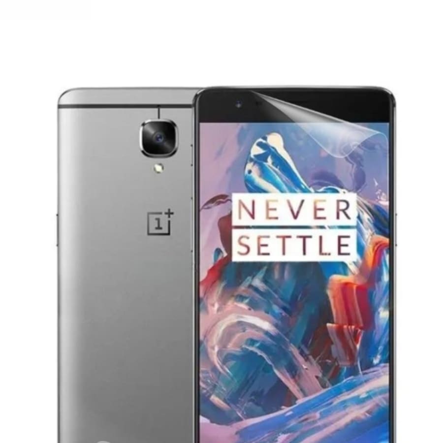 Two 9eight5 hydrogel screen protectors for OnePlus 3T smartphone, showing clear, flexible film covering the device screen.