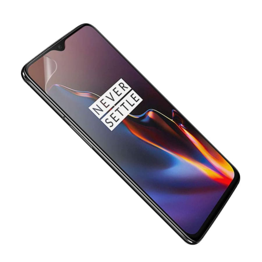 Two 9eight5 hydrogel screen protectors for OnePlus 6T, showcasing clear, flexible film designed to protect the phone's screen.
