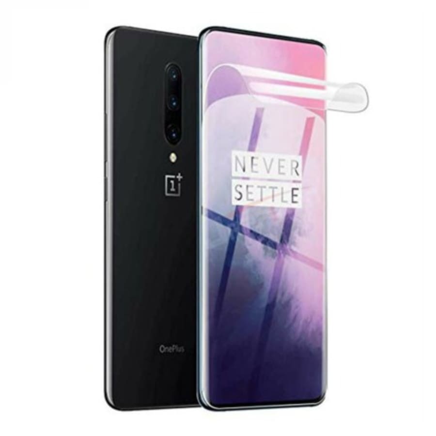 Two 9eight5 hydrogel screen protectors for OnePlus 7T Pro, showcasing clear, flexible protection for the phone screen.