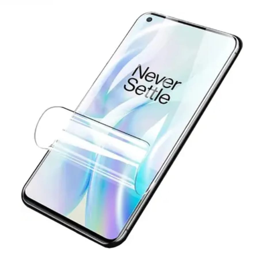 Hydrogel screen protector for OnePlus 8 by 9eight5, showing a clear, flexible film covering the phone screen for protection.