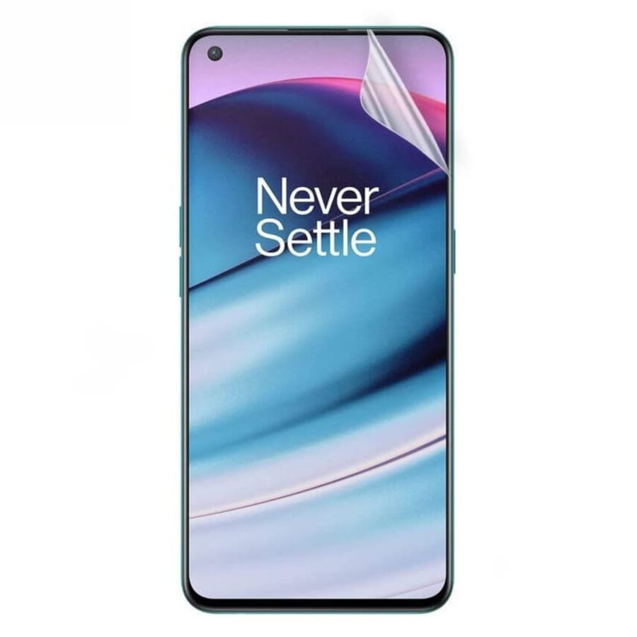 Two 9eight5 hydrogel screen protectors for OnePlus 8T smartphone, showing clear, flexible protection for the device screen.