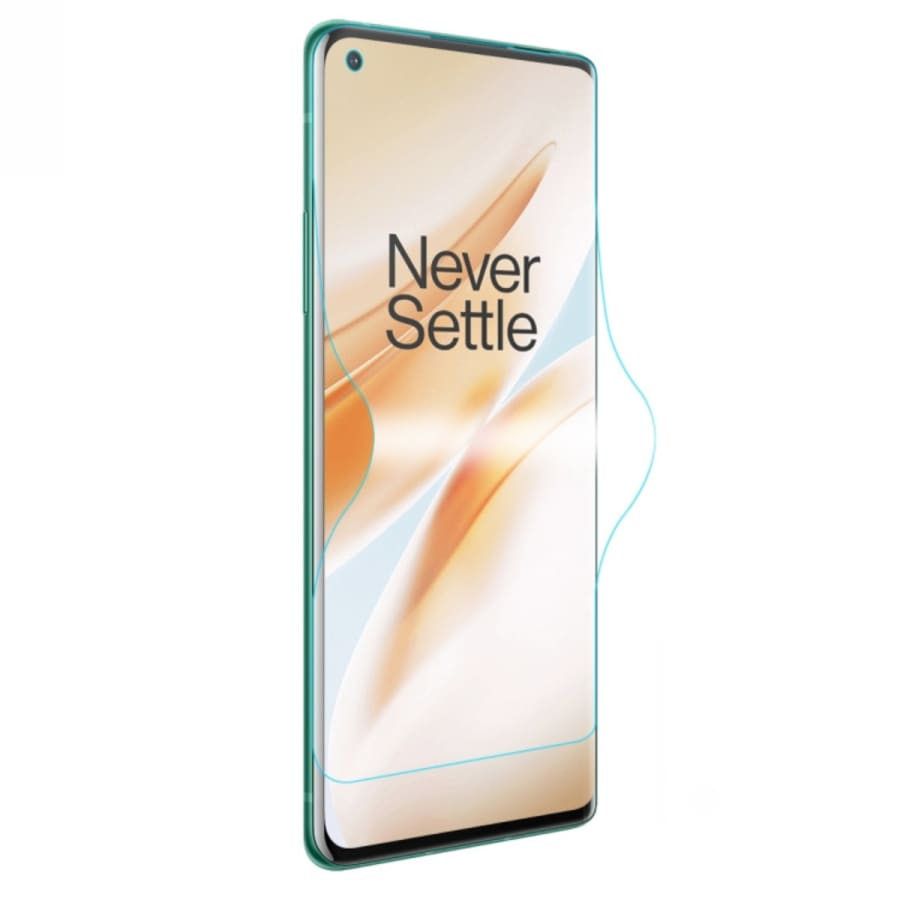 Hydrogel screen protector for OnePlus 8T Plus by 9eight5, showing a clear, flexible film covering the phone screen.