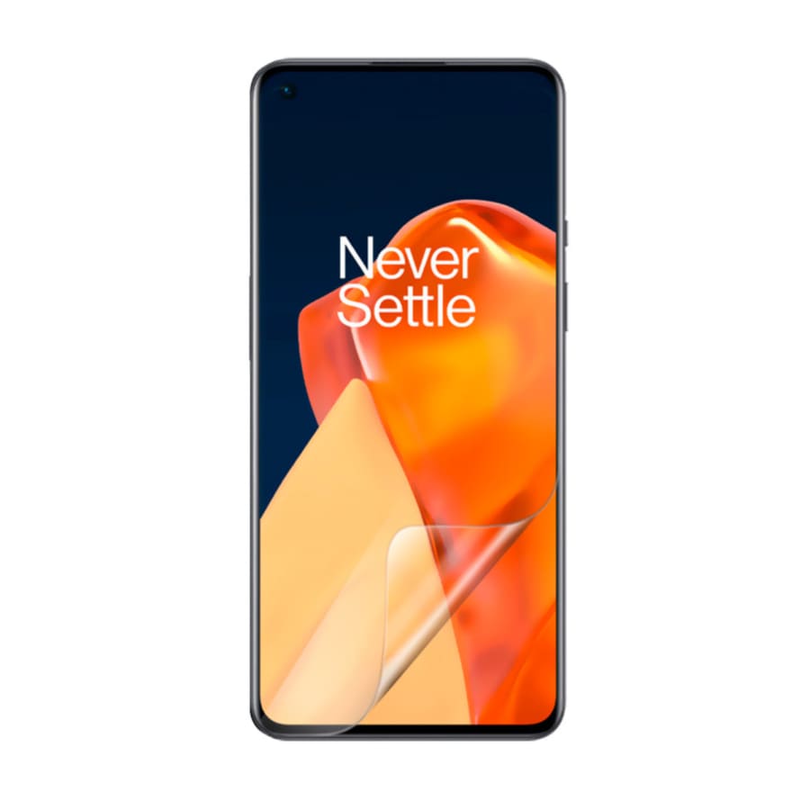 Hydrogel screen protector for OnePlus 9R by 9eight5, showing a clear, flexible film fitting over the phone screen.