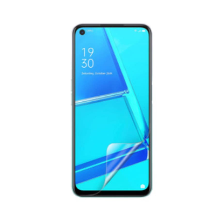 Hydrogel screen protector for Oppo A52 by 9eight5, showing a clear, flexible film covering the phone screen for protection.