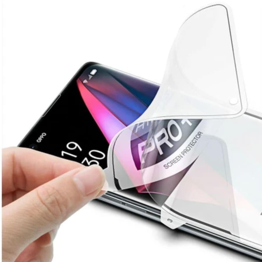 Hydrogel screen protector for Oppo A72 by 9eight5, showing a clear, flexible film covering the phone screen for protection.