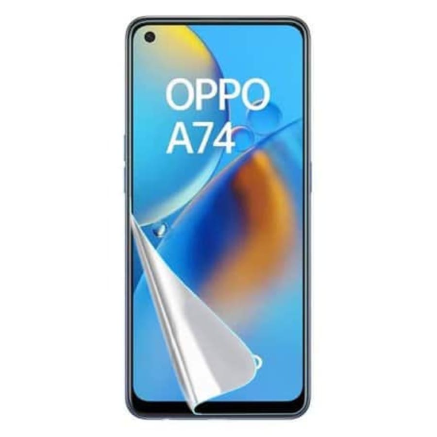 Hydrogel screen protector for Oppo A74 5G by 9eight5, pack of 2, showing the clear, flexible film on a smartphone screen.