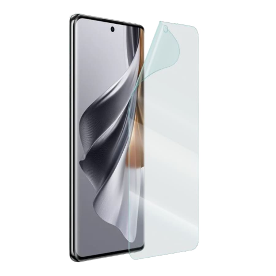 Two 9eight5 hydrogel screen protectors for Oppo A79 5G smartphone, showing clear, flexible protection for the screen.