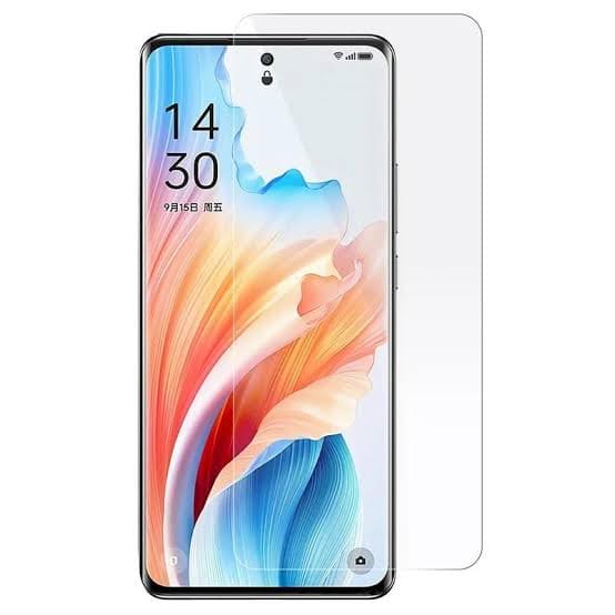 Two 9eight5 screen protectors for Oppo A79 5G, clear tempered glass covers, in a pack of two for screen protection.