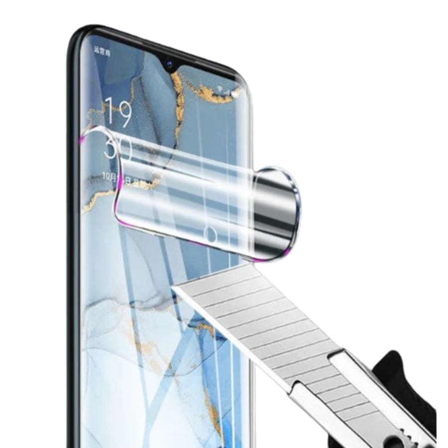 Hydrogel screen protector for Oppo A9 2020 from 9eight5, pack of 2, showing the clear, flexible screen protection on the phone.