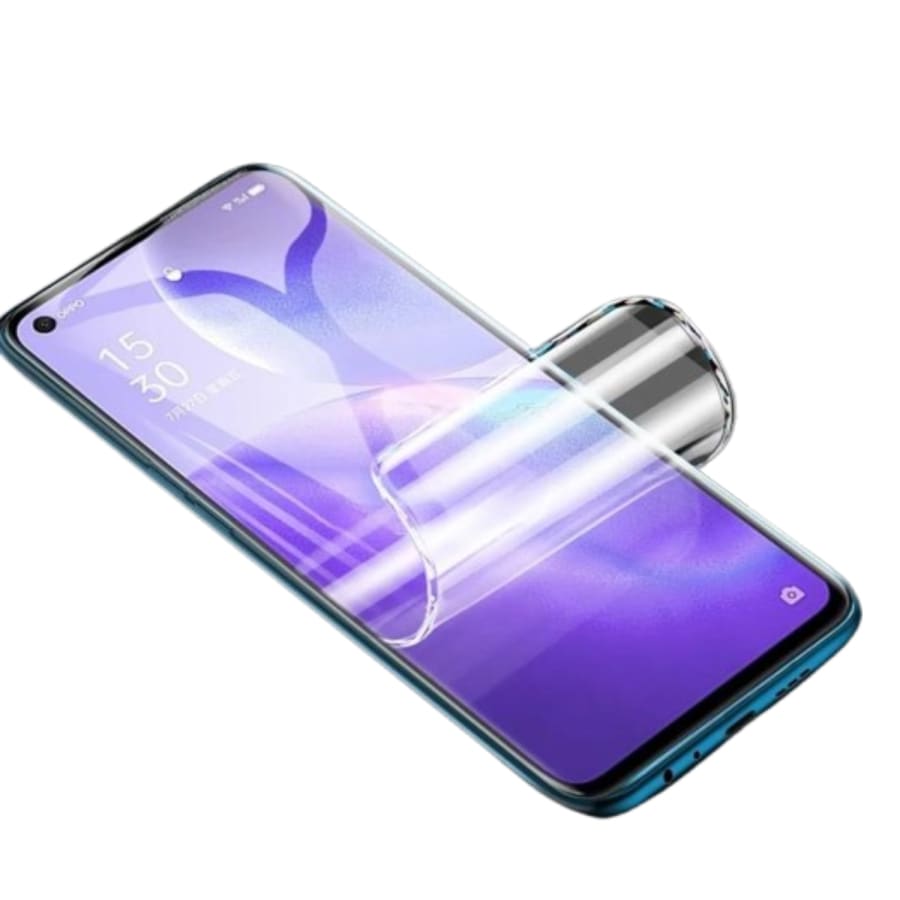 Hydrogel screen protector for Oppo A92 by 9eight5, showing a clear, flexible film covering the phone screen for protection.