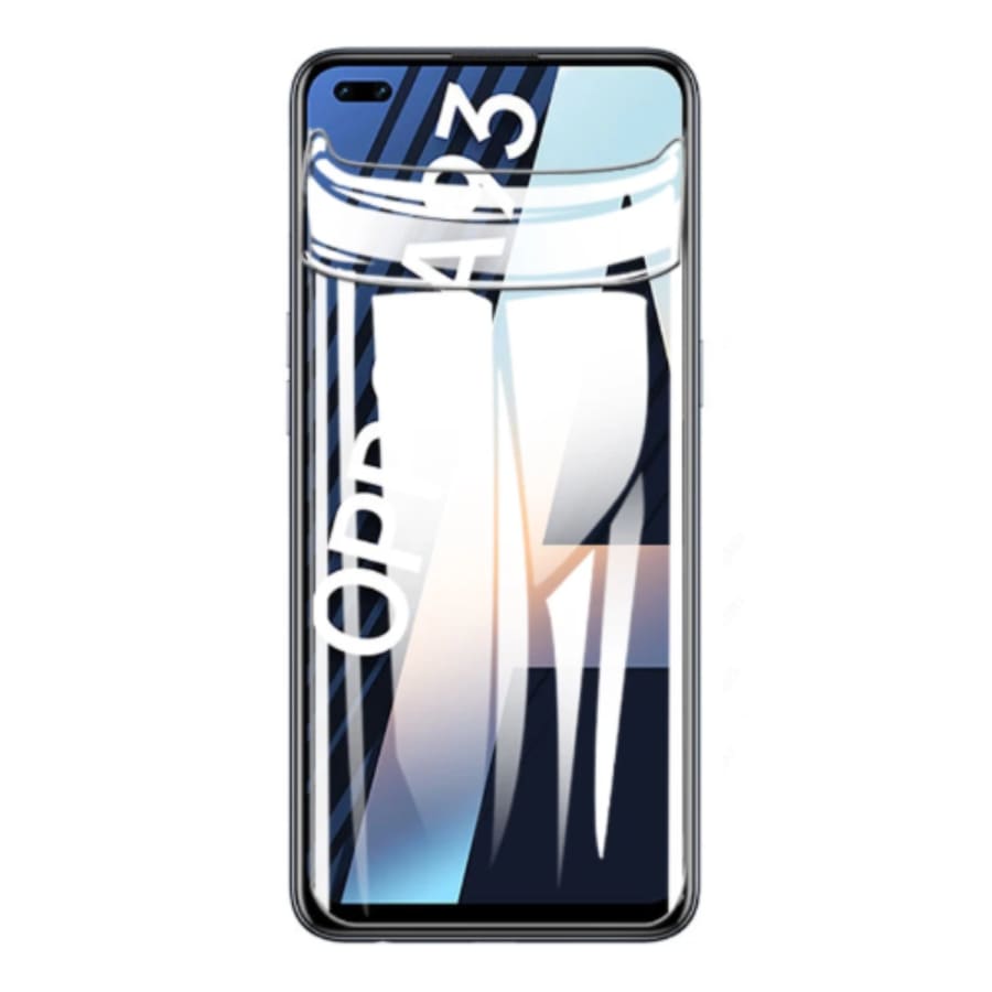 Hydrogel screen protector for Oppo A93 5G by 9eight5, showing a clear, flexible film covering the phone screen.