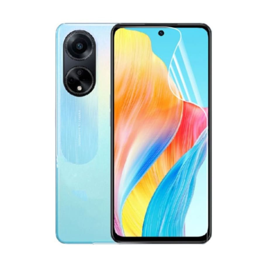 Hydrogel screen protector for Oppo A98 5G by 9eight5, showing a clear, flexible film covering a smartphone screen.