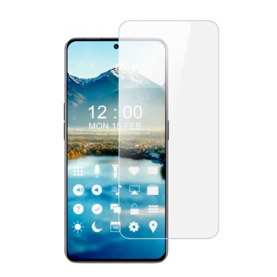 Clear 9eight5 screen protector for Oppo Reno8 Pro showing a close-up of the tempered glass edges and protective film.