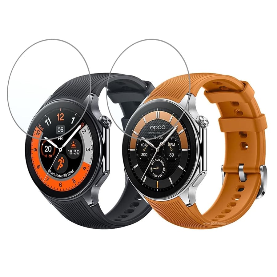 Two Oppo Watch X screen protector cases by That Watch Shop, round watch cases designed to protect the smartwatch screens.