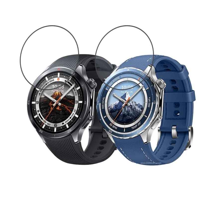 Two clear screen protectors for OnePlus Watch 3 (46mm) by That Watch Shop, designed to protect round smartwatch screens.