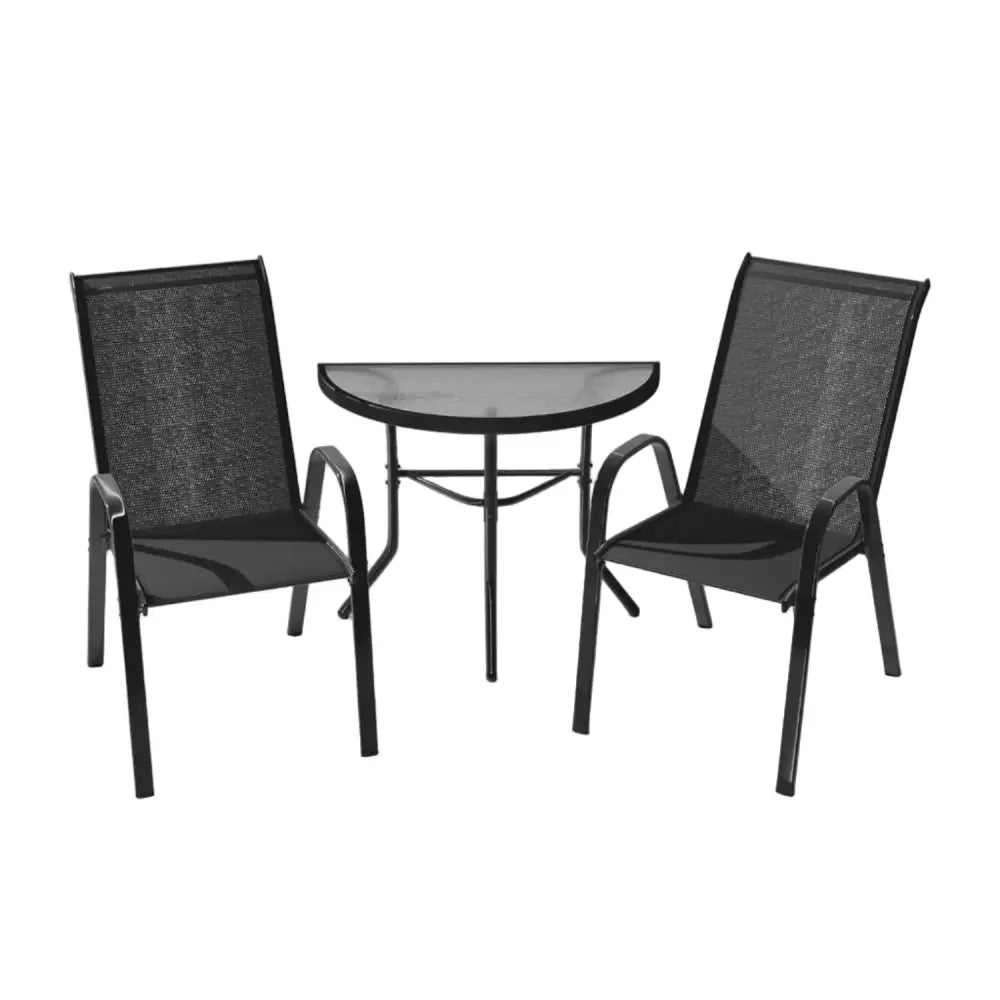 Habicare outdoor dining set with a semicircular patio table and two stainless steel chairs for outdoor use.