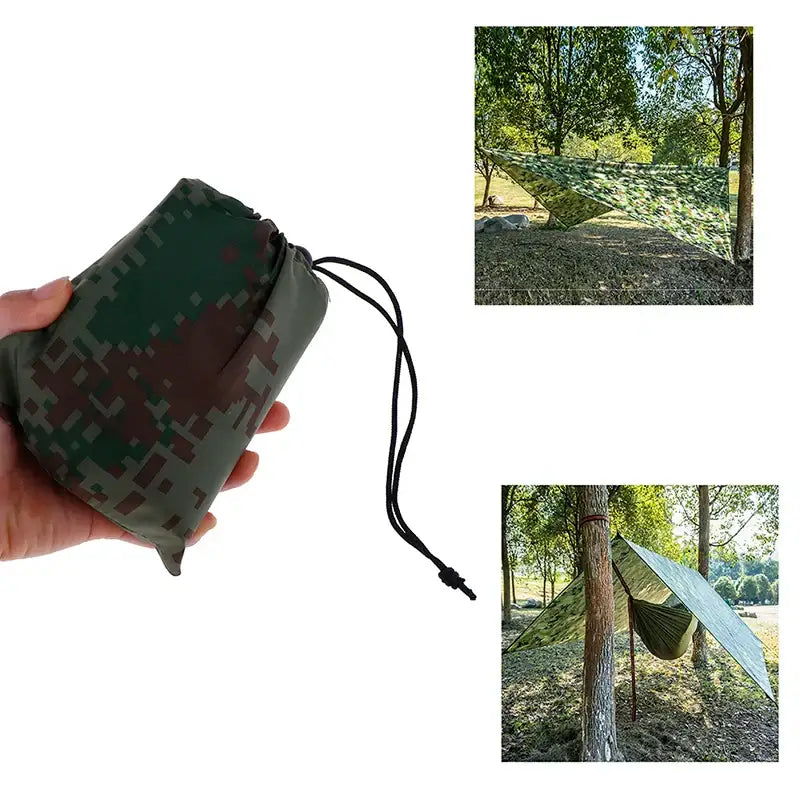 Habicare outdoor waterproof rain shelter tarp set up as a beach awning or camping sun shelter in a natural outdoor setting