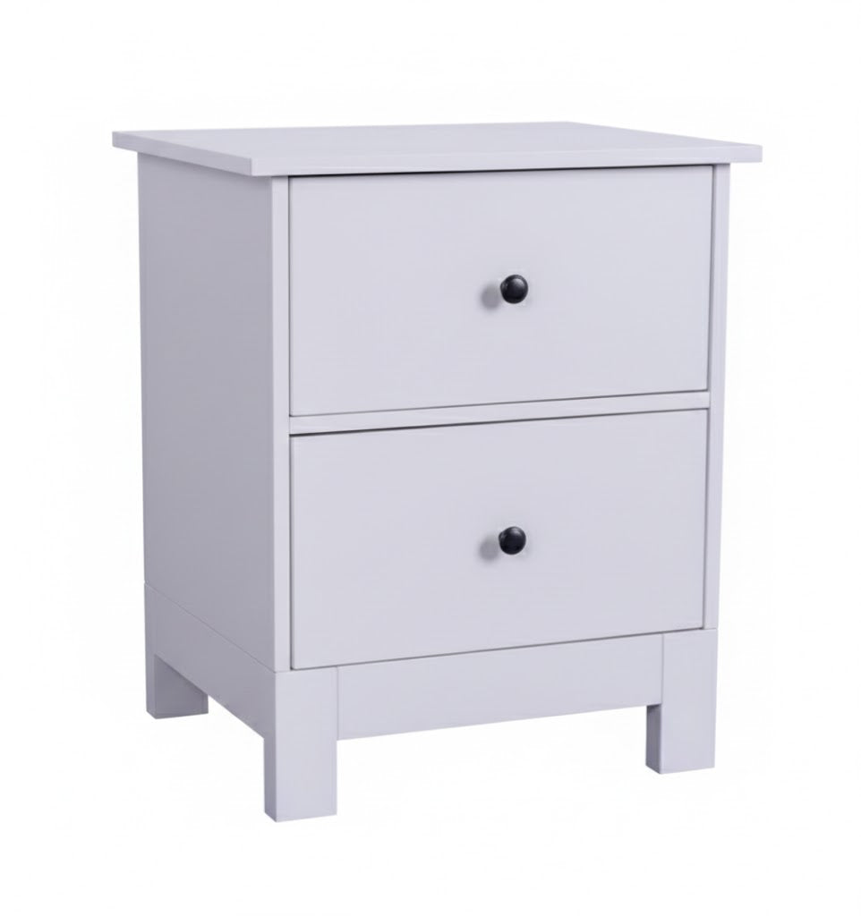 White Pamela bedside table by sue-e furniture with a sleek modern design and a single drawer.