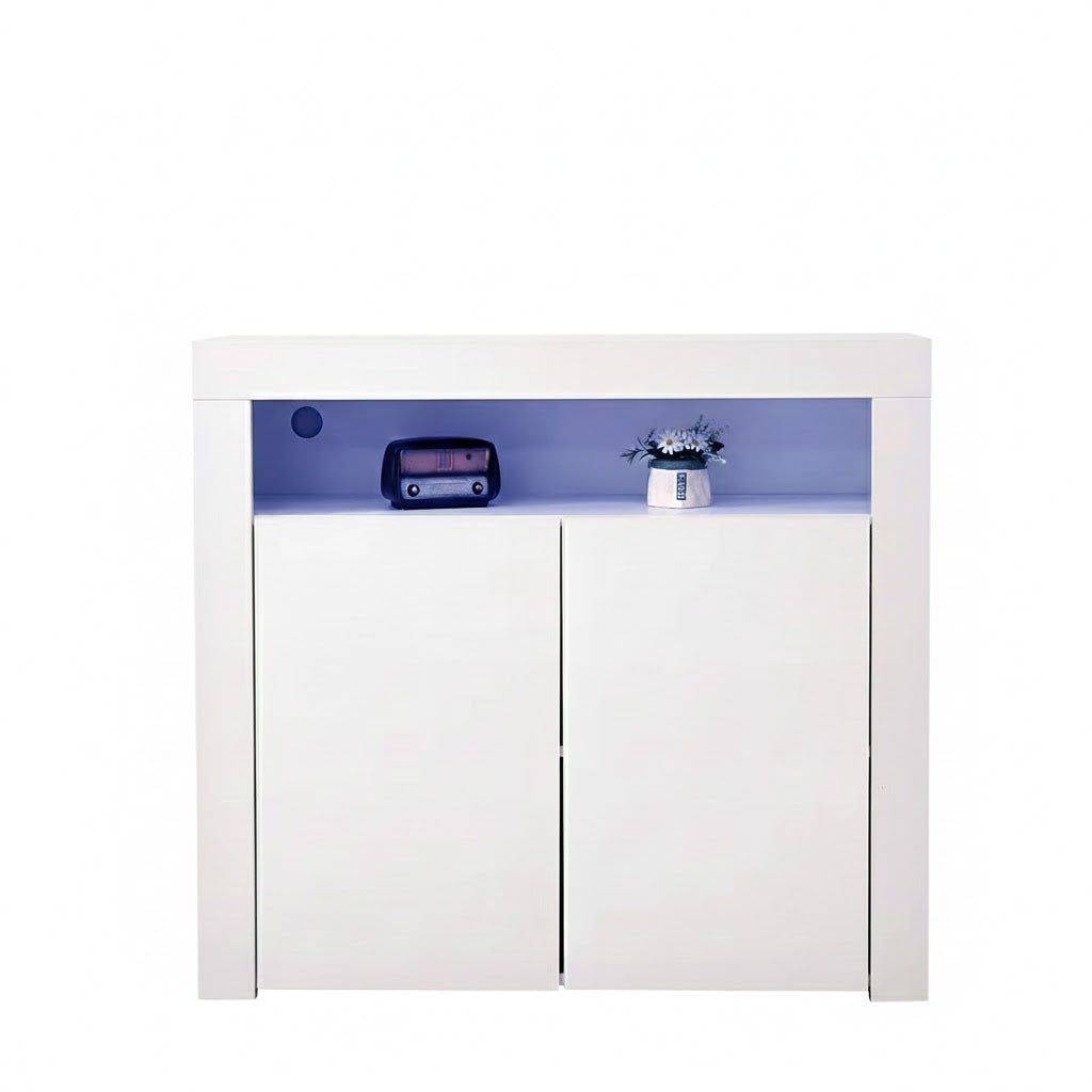 Sue-e Furniture Panana 2-door side cabinet with LED lighting featuring seven color options, modern storage solution for living spaces.