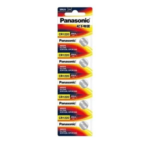 Panasonic CR1220 watch batteries in a 5-pack, compact and compatible with various wristwatches, shown in a clear image.