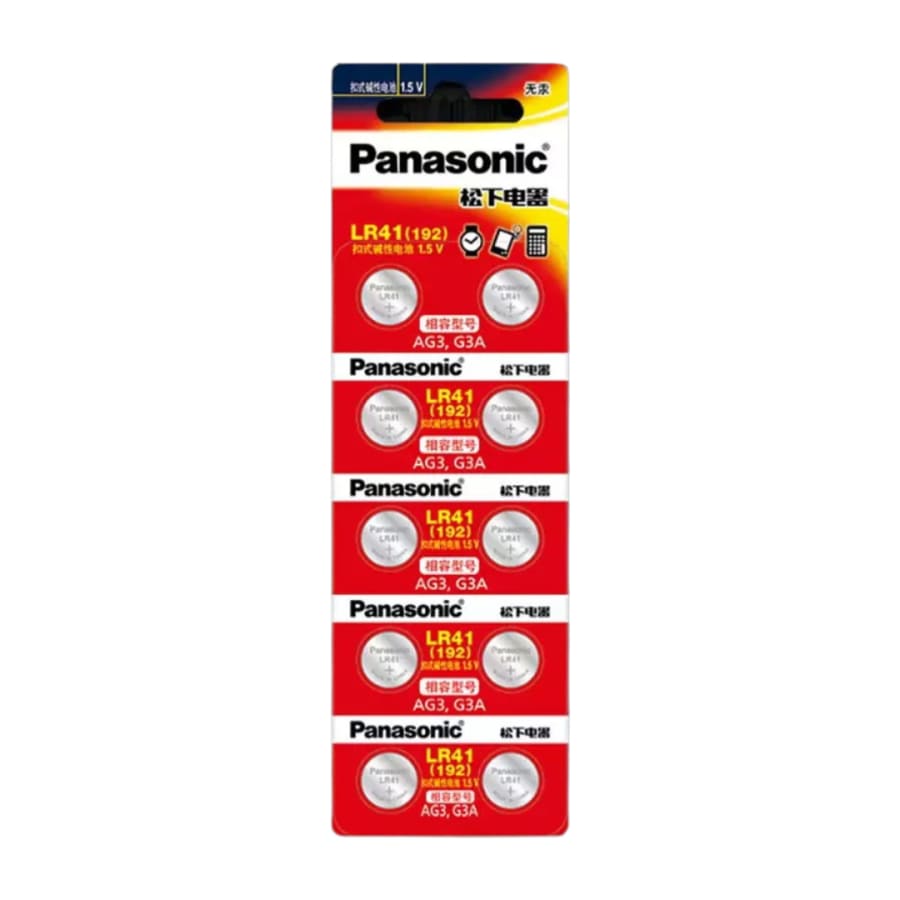 Panasonic LR41 / 192 watch batteries in a 10-pack, small round batteries suitable for watches and small electronic devices.