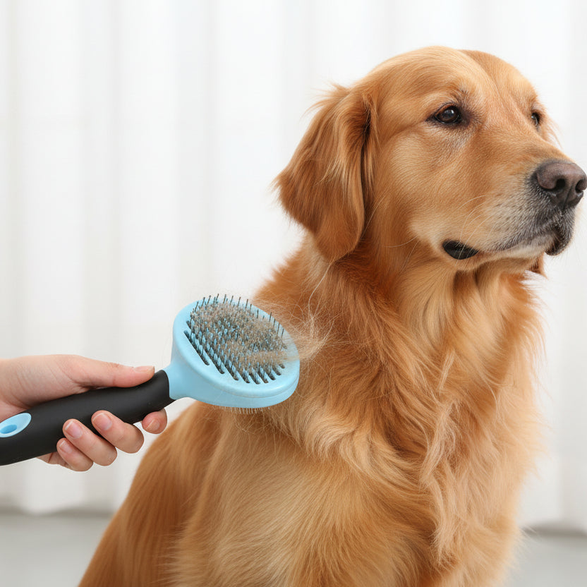 Blue self-cleaning pet grooming brush from dealonlinenz, ideal for dogs and cats with a comfortable handle and easy hair removal