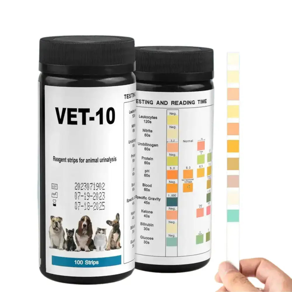 Habicare 9eight5 pet urine testing strips, set of 100, with silver packaging for quick health analysis of pets.