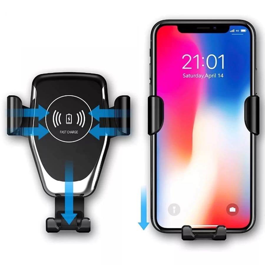 9eight5 phone holder and wireless charger for phones and tablets, with a sleek design and adjustable stand.