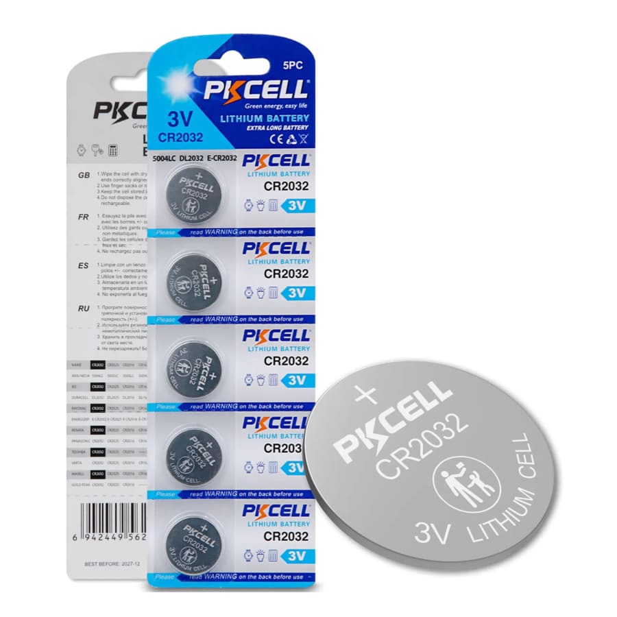PKCell CR2032 watch batteries in a 5-pack, small silver coin cell batteries for watches and small electronics.