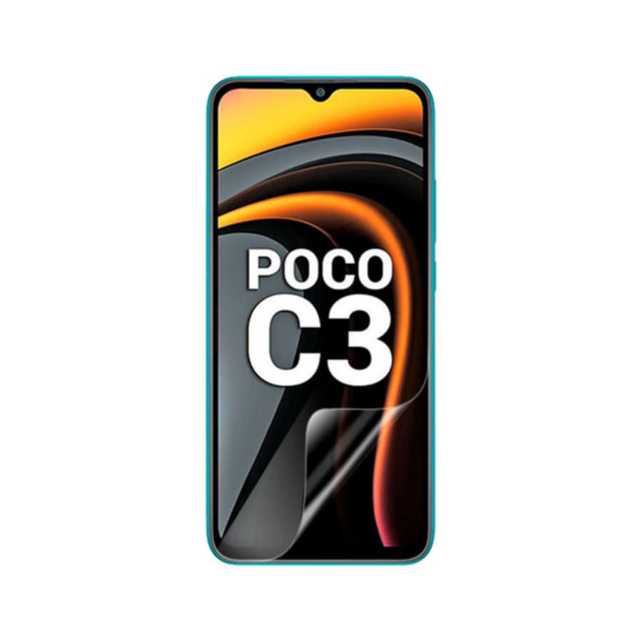 Hydrogel screen protector for POCO C3 by 9eight5, displaying a clear, flexible film covering the phone screen.