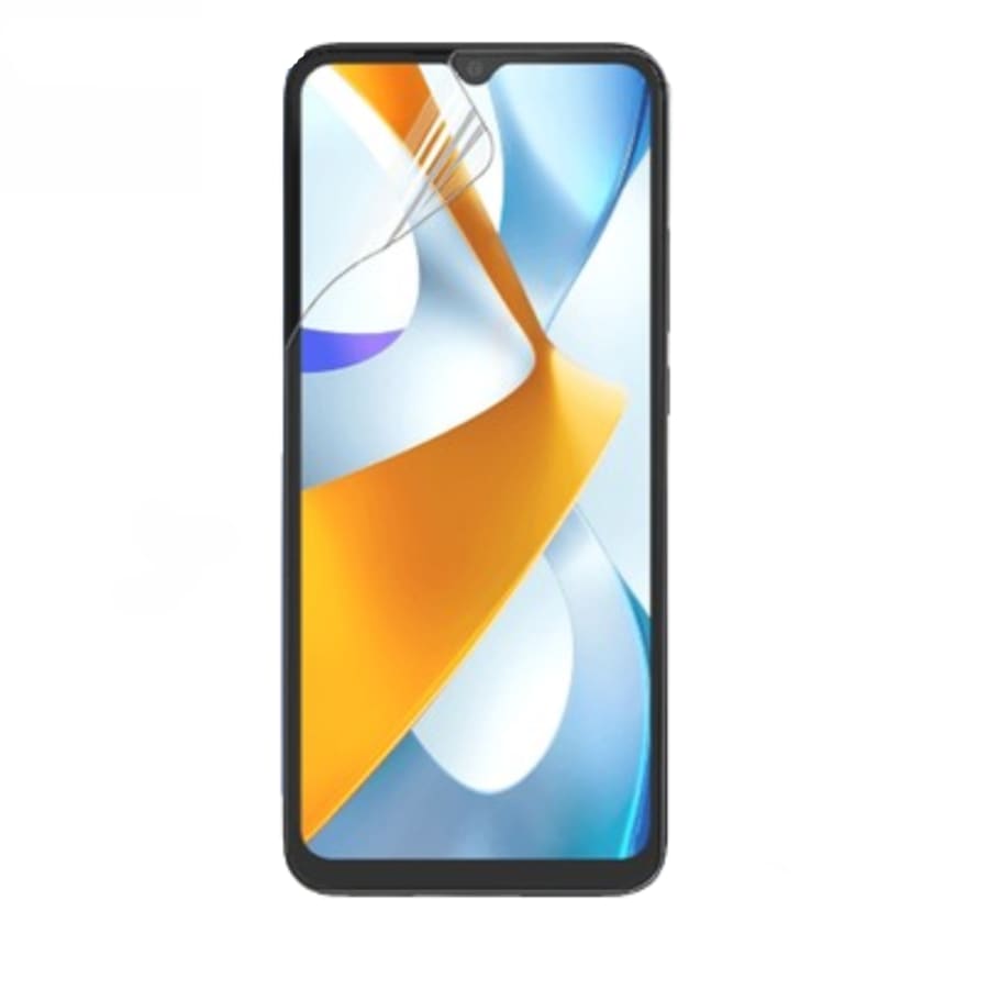 Hydrogel screen protector for POCO C40 by 9eight5, showing clear, flexible film covering the phone screen for protection.