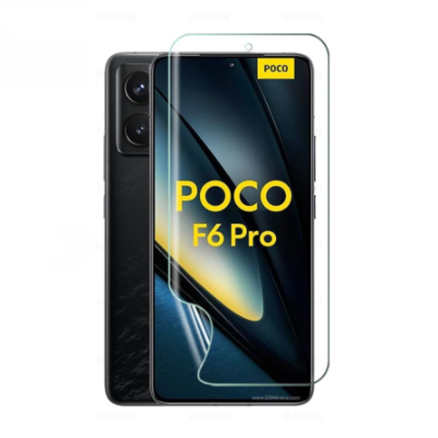 Hydrogel screen protector for POCO F6 5G by 9eight5, displaying a clear, flexible film fitted on a smartphone screen.