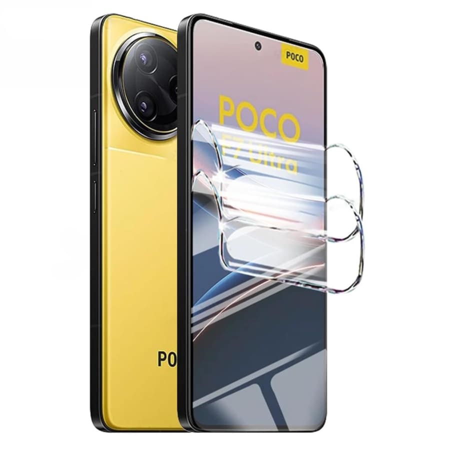Hydrogel screen protector for POCO F7 Ultra from 9eight5, pack of 2, showing clear, flexible protective film on smartphone screen.
