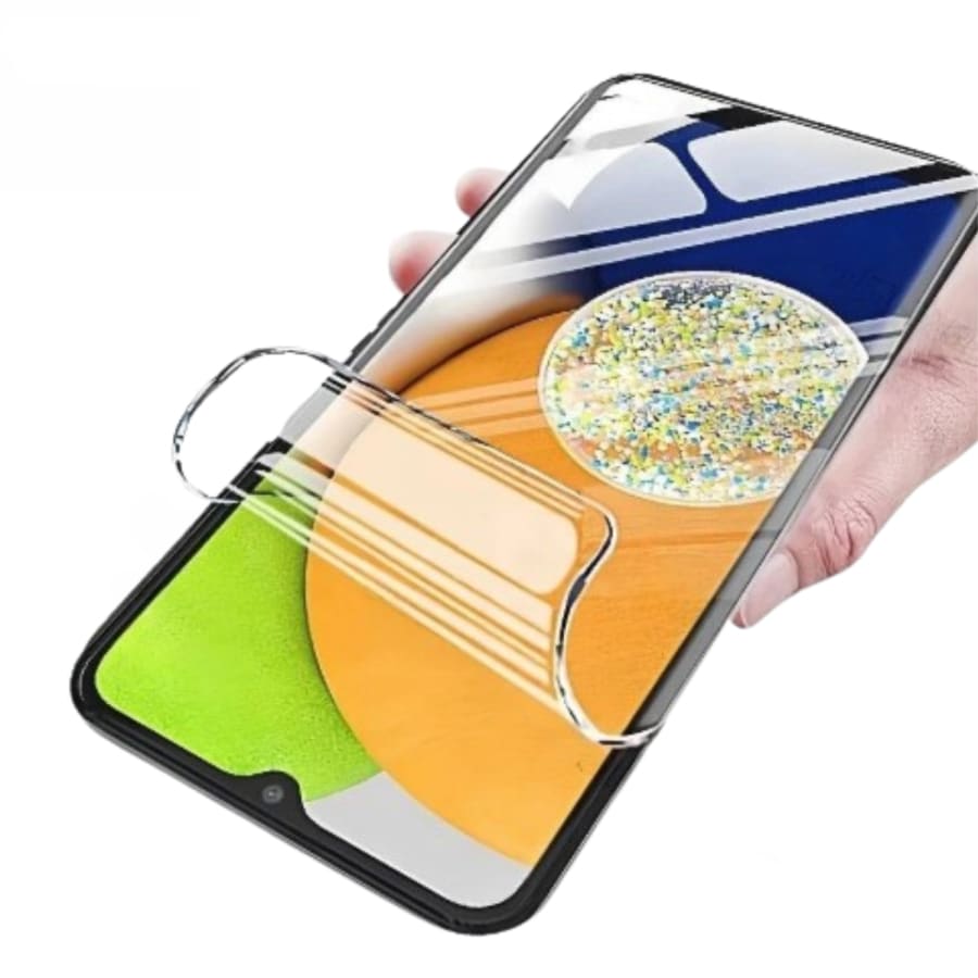 Hydrogel screen protector for POCO M2 by 9eight5, showing a clear, flexible film fitting the phone screen perfectly.