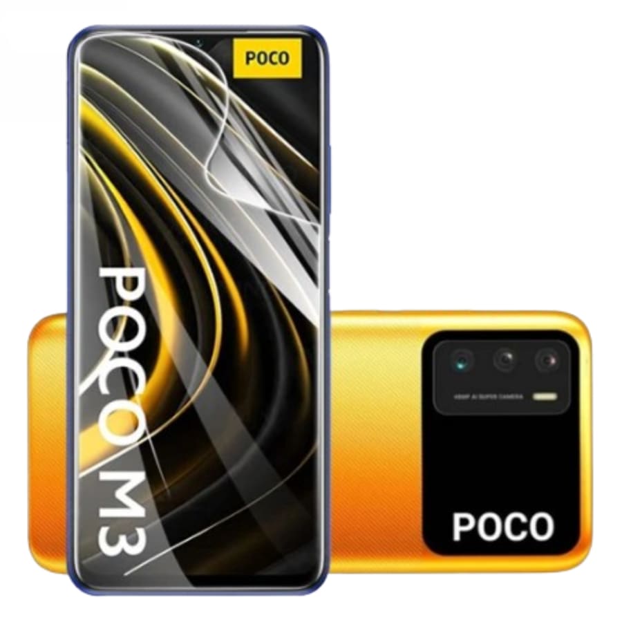 Two 9eight5 hydrogel screen protectors for POCO M3 smartphone, shown in the image with protective film and packaging.